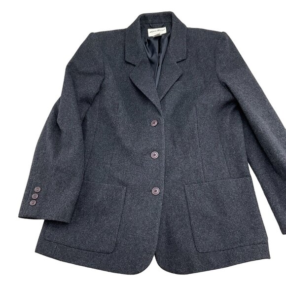 Eddie‎ Bauer Blazer Women Large Petite Gray Flannel Wool Nylon Classic Jacket - Picture 1 of 12